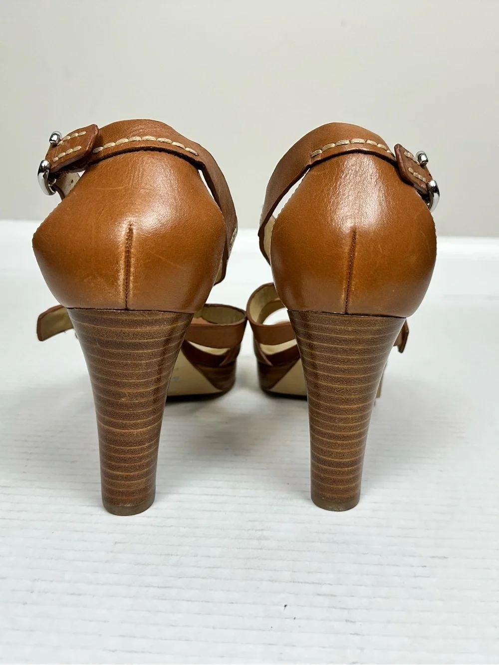 Marc Fisher Tan/Cognac Leather T-Strap Platform High Heel Sandals – Size 7.5M